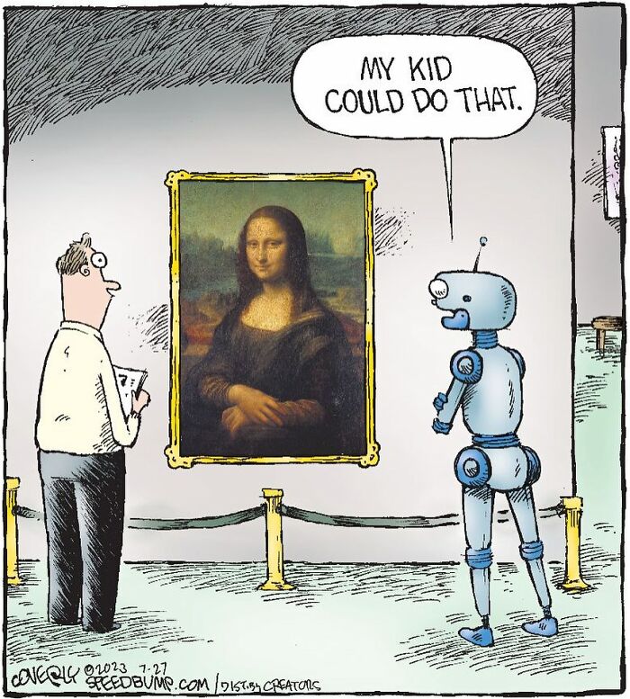 Robot humorously critiques art, saying "My kid could do that," in a one-panel comic about human behavior and art.