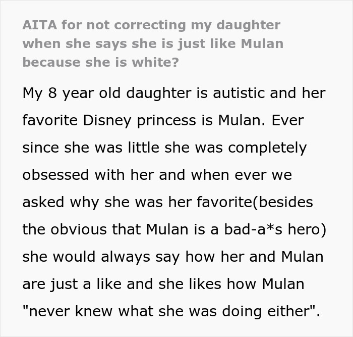 Woman Takes Offense At White 8 Y.O. Comparing Herself To An Asian Disney Princess