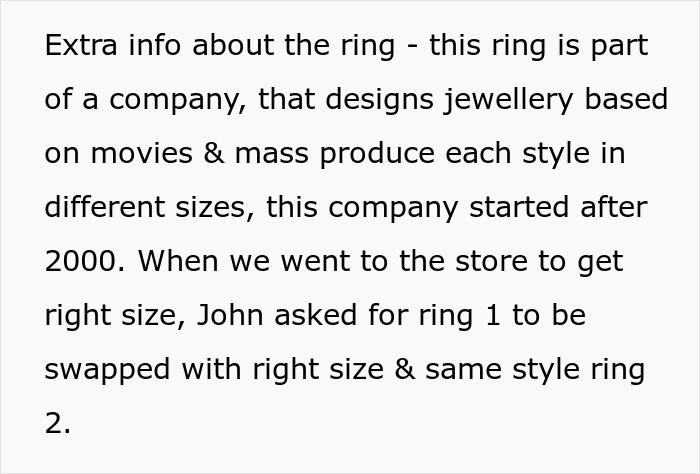 Text explaining details about a company making movie-inspired rings and exchanging ring sizes for the family heirloom case.