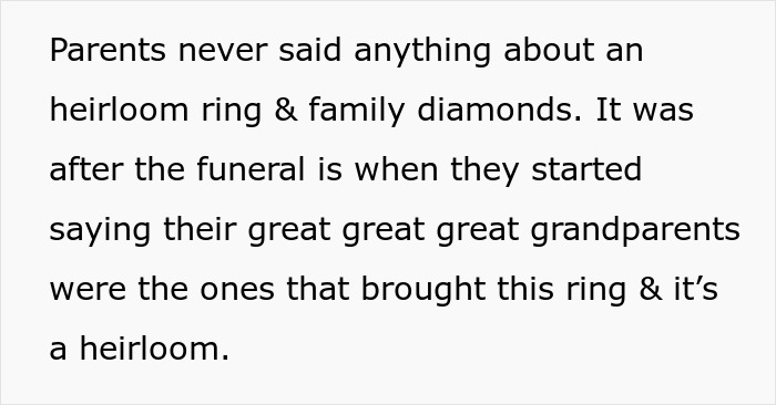 Text about a family disputing their heirloom ring and family diamonds after their late son's funeral.