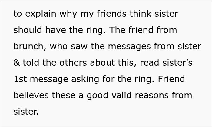 Text excerpt discussing friends' opinions on a family heirloom ring and messages about returning it.