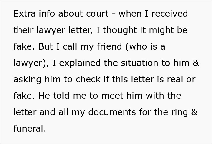 Text discussing court case details and verifying authenticity of lawyer letter regarding family heirloom dispute.