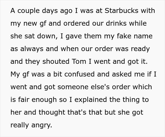 Woman Flips Out When She Finds Out Her BF Uses A Fake Name At Coffee Shops To Feel More Comfortable
