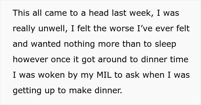 Text excerpt about a wife feeling unwell and mother-in-law demanding she get up to make dinner, highlighting husband refusing to stand up.