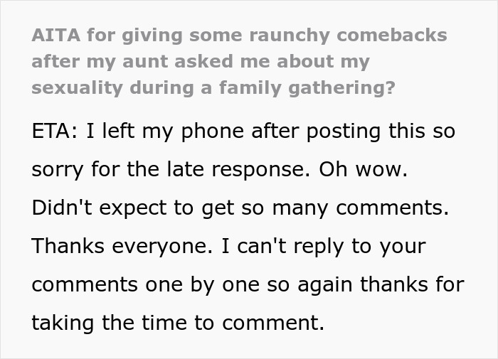 Man Annoyed With Aunt Questioning His Sexuality Gives A Raunchy Reply, Making Her Leave Family Dinner Man Annoyed With Aunt Questioning His Sexuality Gives A Raunchy Reply, Making Her Leave Family Dinner