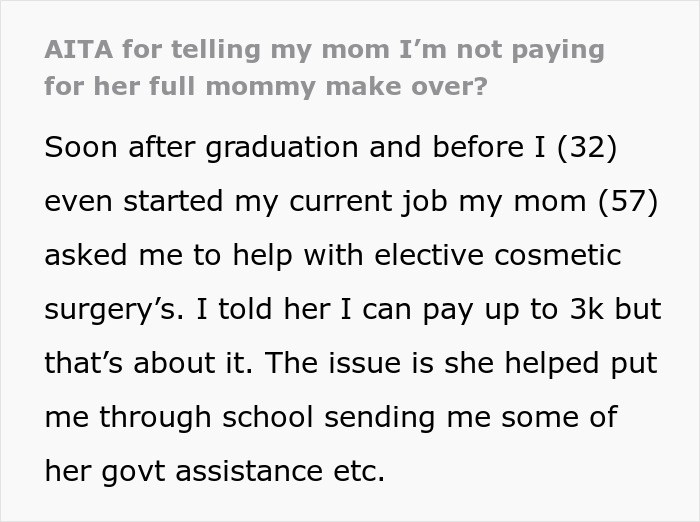 Mom Expects Daughter To Pay For Her Plastic Surgery, Tries Gaslighting Her After Being Told 'No'