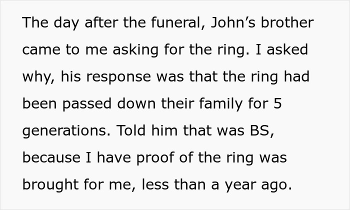 Text excerpt describing a family dispute over a supposed heirloom ring passed down for generations.