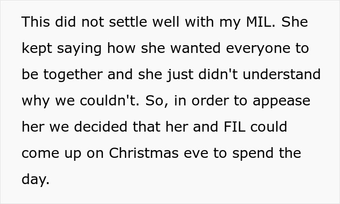 Text message describing MIL insisting on spending Christmas Eve together to keep family united despite disagreements.