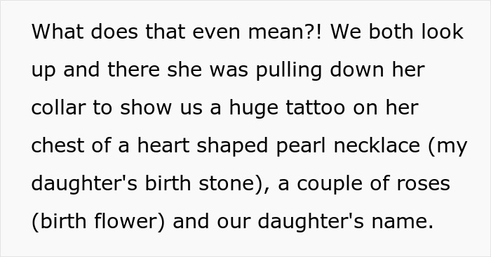 Text describing a huge tattoo on a woman&rsquo;s chest featuring a heart-shaped necklace, roses, and a baby&rsquo;s name.