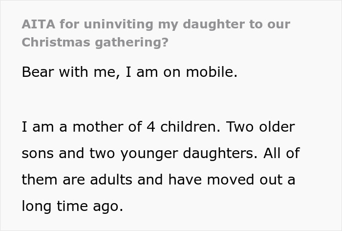 Woman Thinks Mom Is Wrong For Uninviting Her From Christmas Because Of Dating Sister&rsquo;s Husband