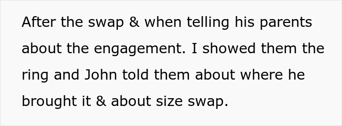 Text showing a family discussing an engagement ring and a size swap regarding a family heirloom dispute.