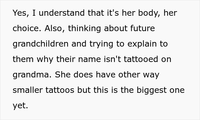 Alt text: Grandma&rsquo;s huge tattoo on her chest sparks emotions as mom reflects on future grandchildren and the meaningful gift to baby.