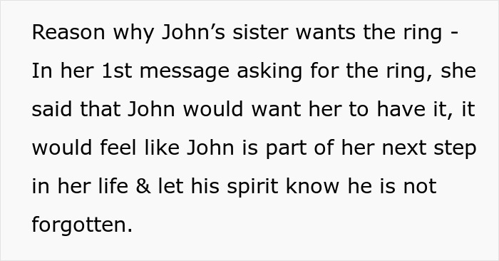 Text explaining why family wants the late son&rsquo;s fianc&eacute; to return the family heirloom ring, mentioning memory and spirit.