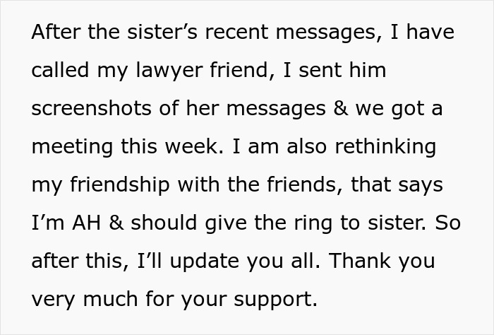 Text on a white background discussing contacting a lawyer and rethinking friendships over a disputed family heirloom ring.