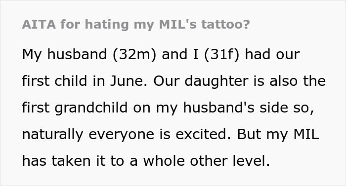 Text showing a woman questioning if she's wrong for disliking her mother-in-law's huge tattoo gift for the baby.