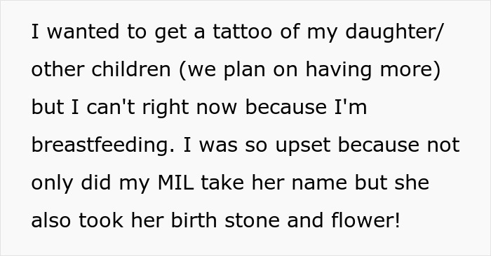 Text message from new mom explaining she can't get a huge tattoo on her chest due to breastfeeding, feeling upset about MIL's gift.