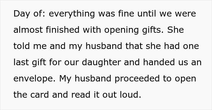 Text about opening a significant envelope from MIL, with mom emotional over the tattoo gift for her baby.