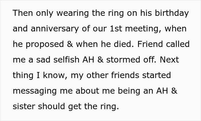 Text excerpt discussing a family heirloom ring causing conflict between a late son&rsquo;s fianc&eacute; and family members.