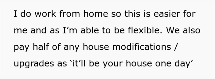 Text excerpt about working from home and sharing house upgrades in a flexible arrangement related to husband refusing to stand up to parents.