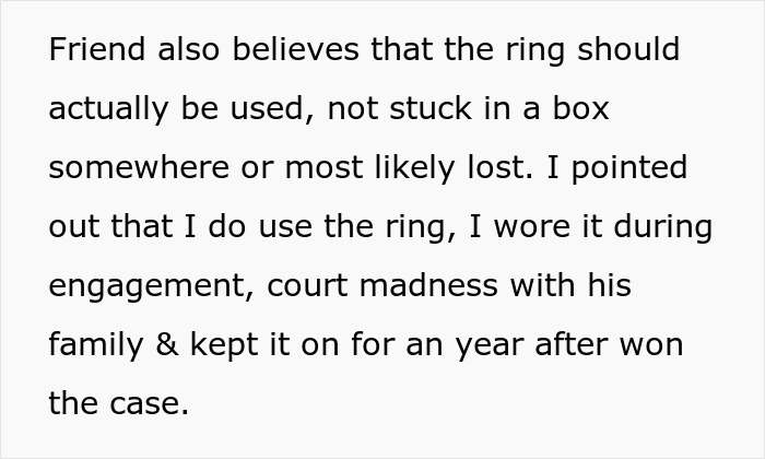 Text excerpt discussing engagement ring use amid family and court conflict over family heirloom dispute.