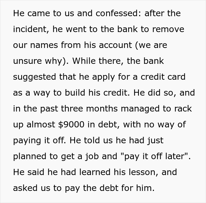 "He Stole One Of My Credit Cards": Entitled Son Expects His Well-Off Boomer Parents To Support Him
