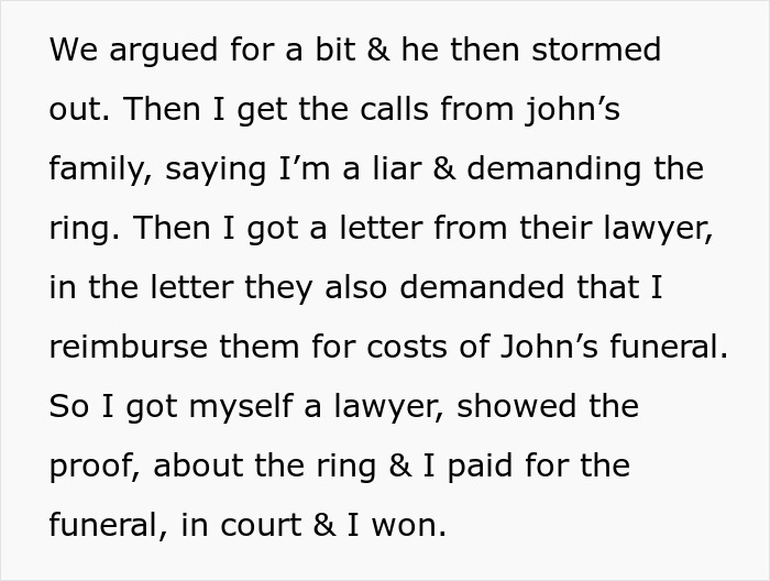 Text excerpt showing a family demanding a ring and funeral costs, with the fianc&eacute; winning the court case.