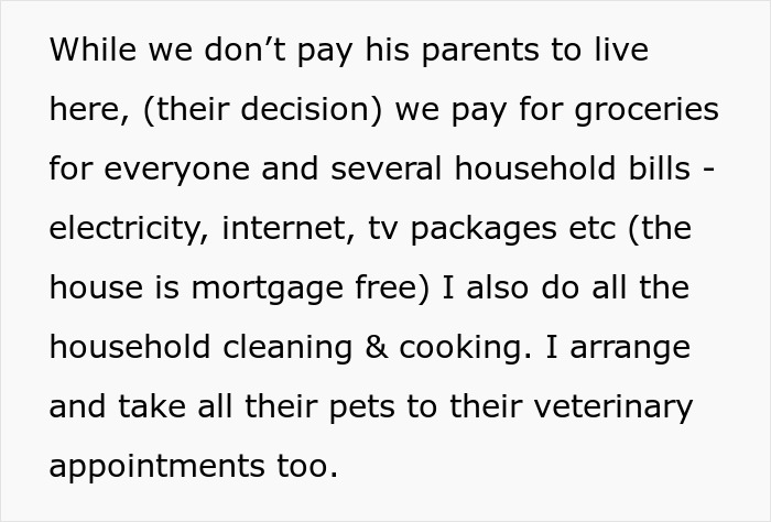 Woman explains household chores and bills she manages while husband refuses to stand up to parents treating her like a maid.
