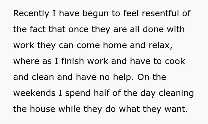 Text excerpt expressing resentment about being treated like a maid due to husband's parents' unfair expectations.