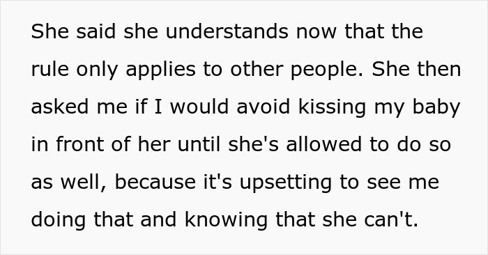 Text describing a woman kissing her baby in front of mother-in-law, with tension over rules about affection. Text describing a woman kissing her baby in front of mother-in-law, with tension over rules about affection.