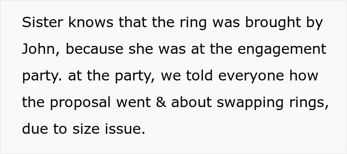 Text excerpt discussing family heirloom ring and engagement party details amid legal dispute over the item.