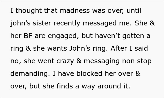 Text excerpt describing a family conflict over a son&rsquo;s ring and engagement issues leading to legal action over a family heirloom.