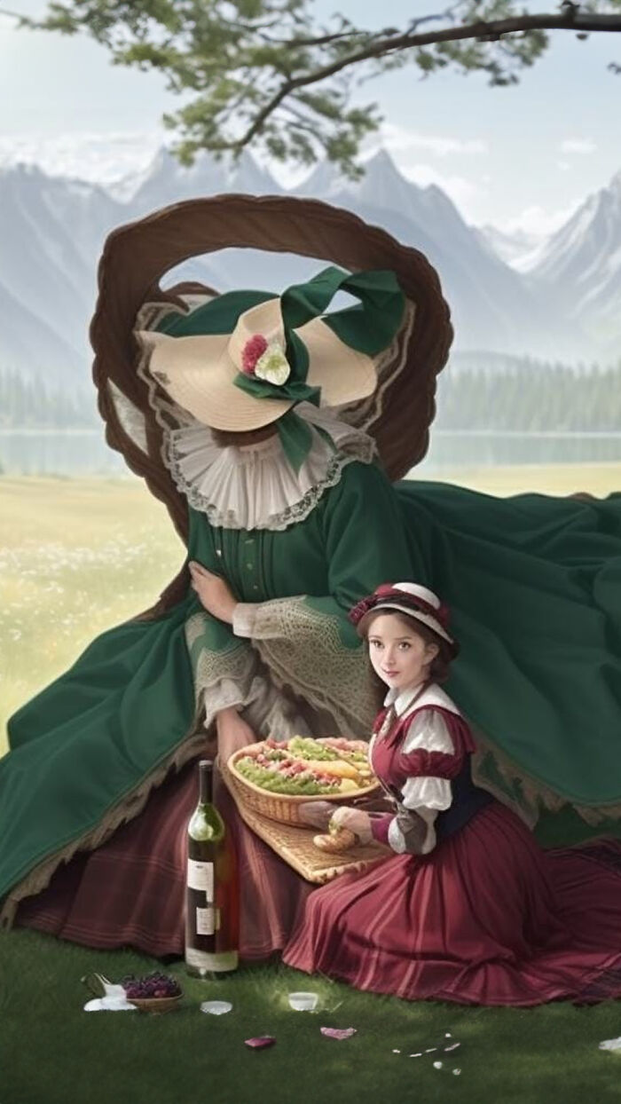 Two women in vintage dresses having a picnic in a scenic mountain landscape, AI created images disguised in art.