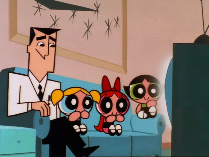 Powerpuff Girls and the professor watching TV
