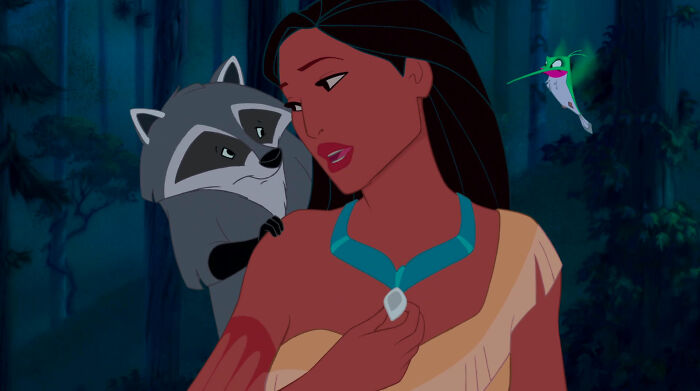 Pokahonta and few animals next to her 