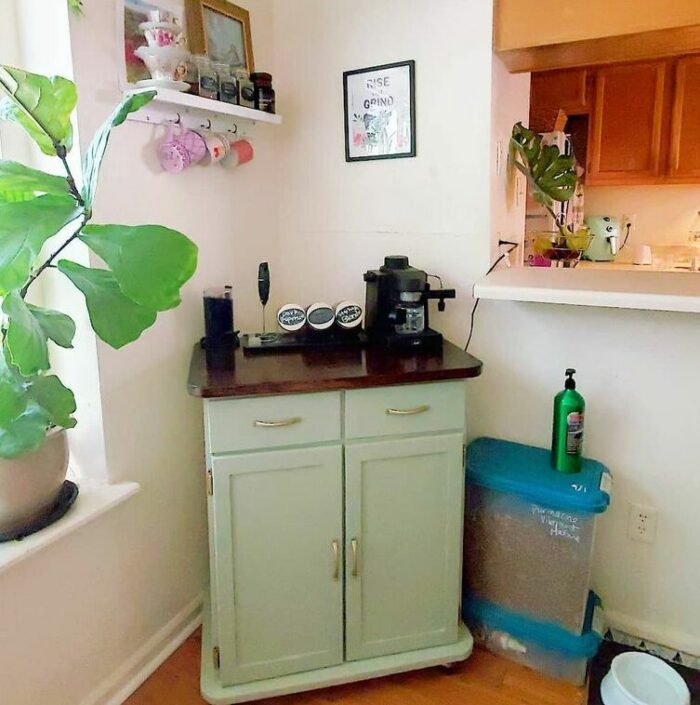 A light green chalk-painted kitchen cupboard A light green chalk-painted kitchen cupboard