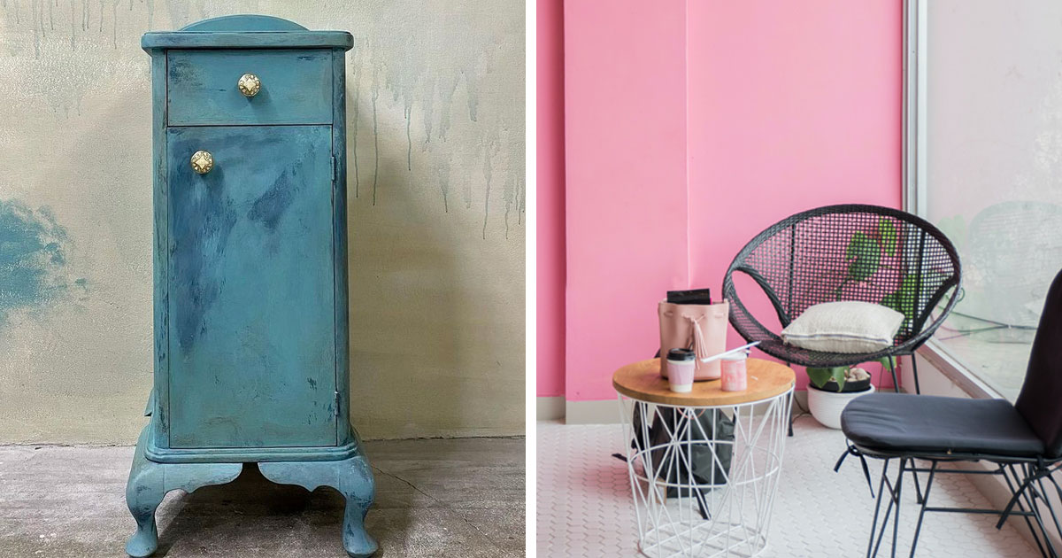 A chalk-painted blue cupboard and a pink room painted with regular paint A chalk-painted blue cupboard and a pink room painted with regular paint