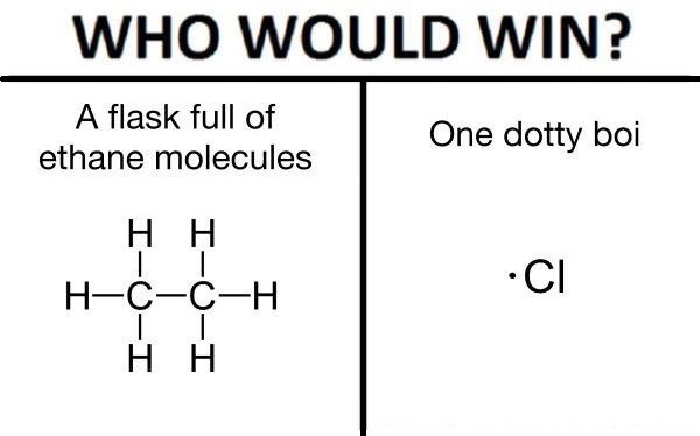 Meme comparing ethane molecules and a chlorine atom in a humorous chemistry context.