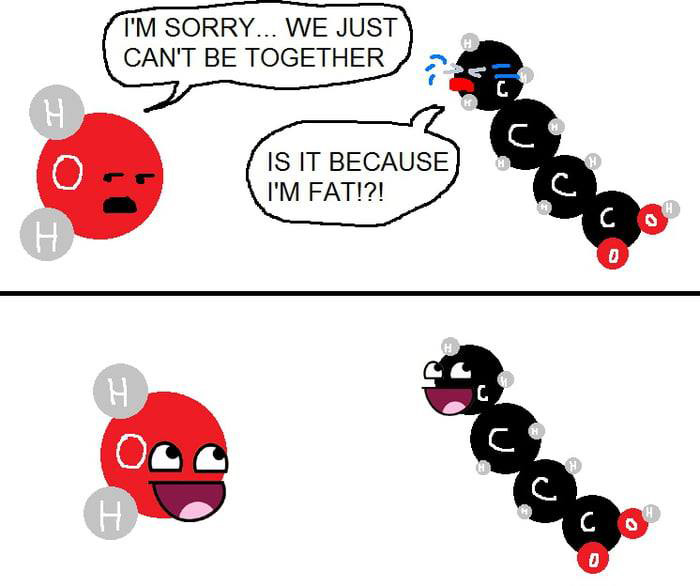 Chemistry meme featuring molecules in a humorous breakup over weight.
