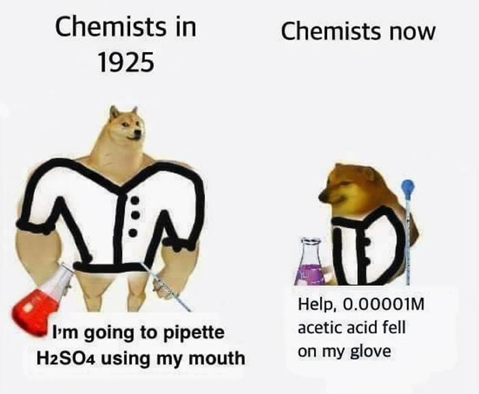 Chemistry meme comparing bold 1925 chemists to cautious modern chemists.