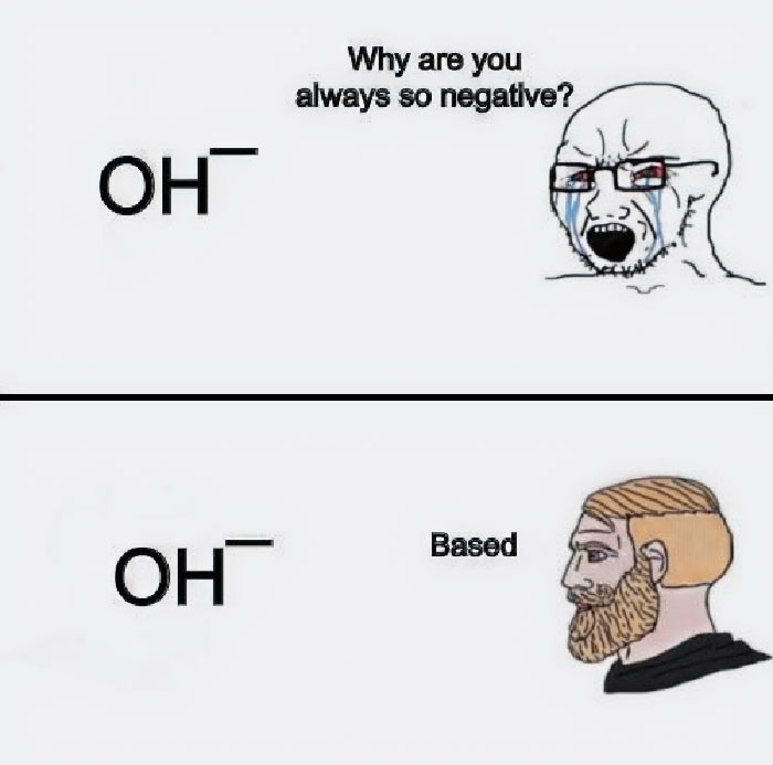 Chemistry meme featuring OH negative ion with characters discussing its negativity in a humorous context.