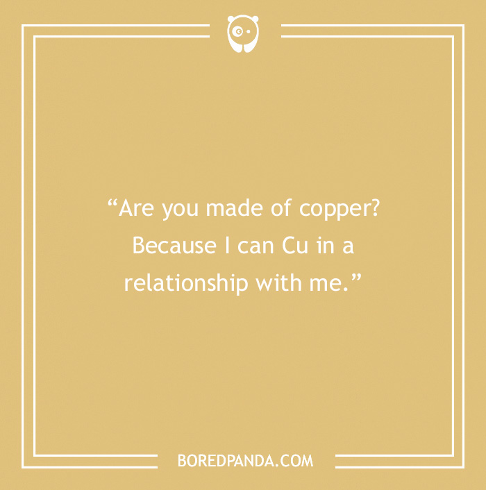 Cute chemistry pick-up line using a copper pun on a beige background.