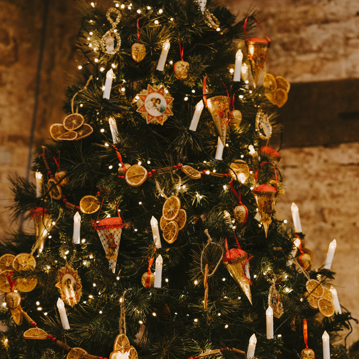 Christmas tree decorated with dried citrus slices and lights, showcasing unique magical Christmas tree decorations ideas.