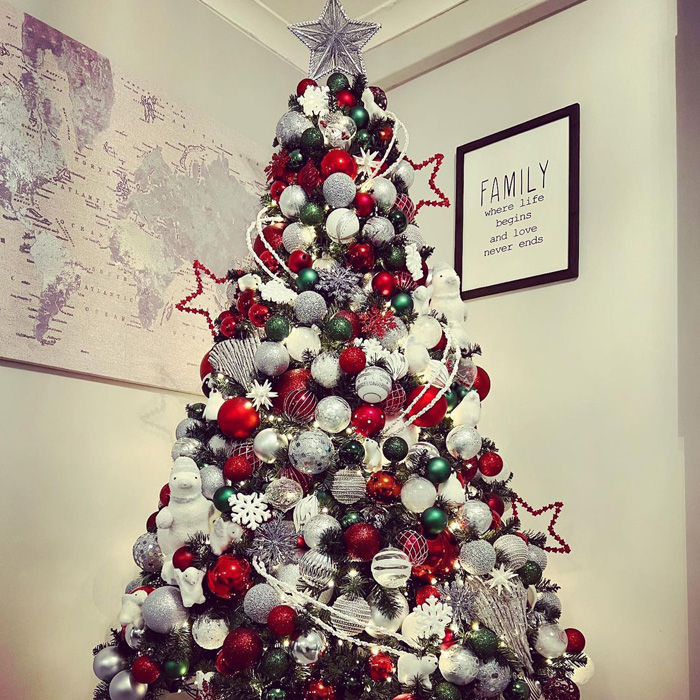 Christmas tree decorated in red, white, and green ornaments featuring magical Christmas tree decorations and ideas.