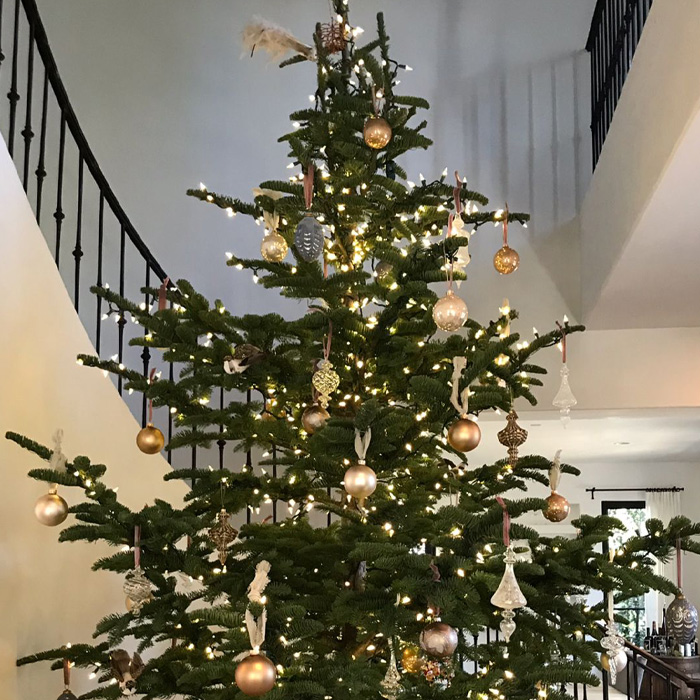 Decorated Christmas tree with warm lights and elegant ornaments next to a staircase, showcasing magical Christmas tree decorations.