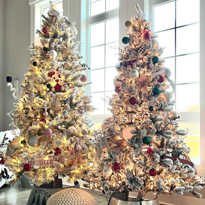 Twin Christmas trees decorated with magical Christmas tree decorations and lights near a large window for festive celebrations.