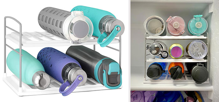 YouCopia Upspace Water Bottle Cabinet Organizer: Adjusting to fit all sizes of bottles and mugs while ensuring they don't slip or roll around.