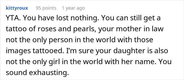 Screenshot of a comment criticizing a mother-in-law's tattoo gift causing frustration over a huge tattoo on her chest.