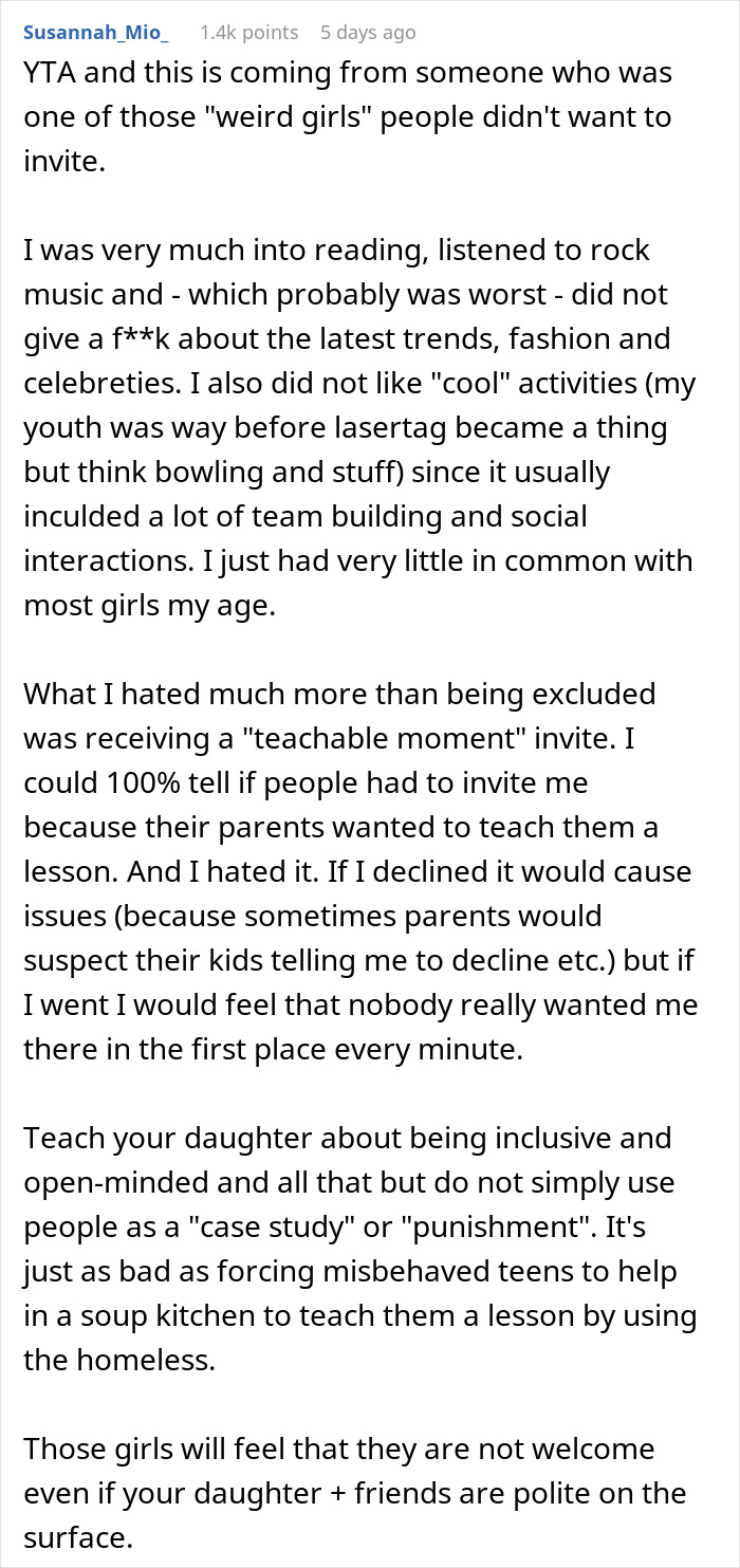 Daughter Excludes 2 ‘Boring’ Girls From Her Birthday Party, Mom Instructs Her To Invite Everybody Daughter Excludes 2 ‘Boring’ Girls From Her Birthday Party, Mom Instructs Her To Invite Everybody
