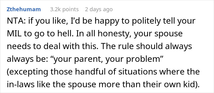 Text conversation discussing dealing with a mother-in-law and the rule of "your parent, your problem." Text conversation discussing dealing with a mother-in-law and the rule of "your parent, your problem."