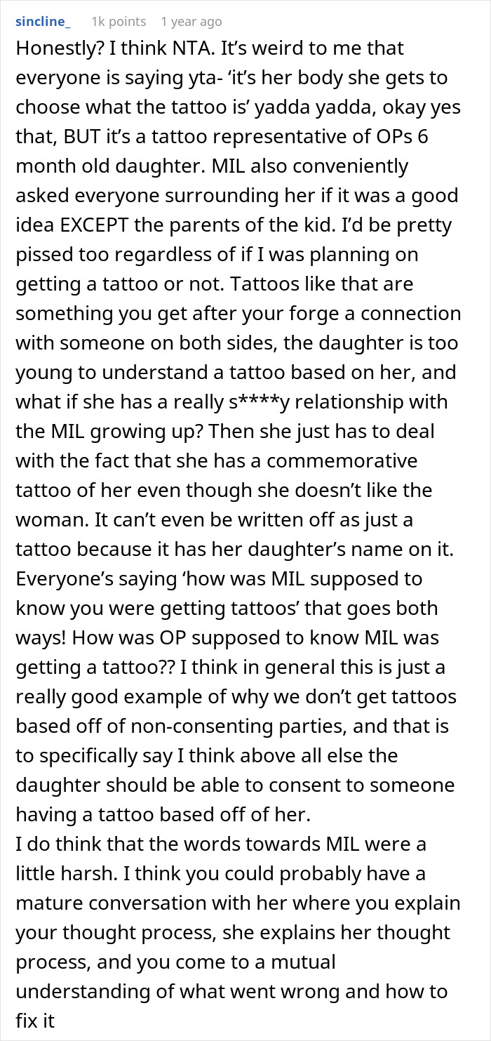 Online forum discussion about MIL&rsquo;s huge tattoo gift on new mom&rsquo;s chest representing her baby causing emotional reaction.